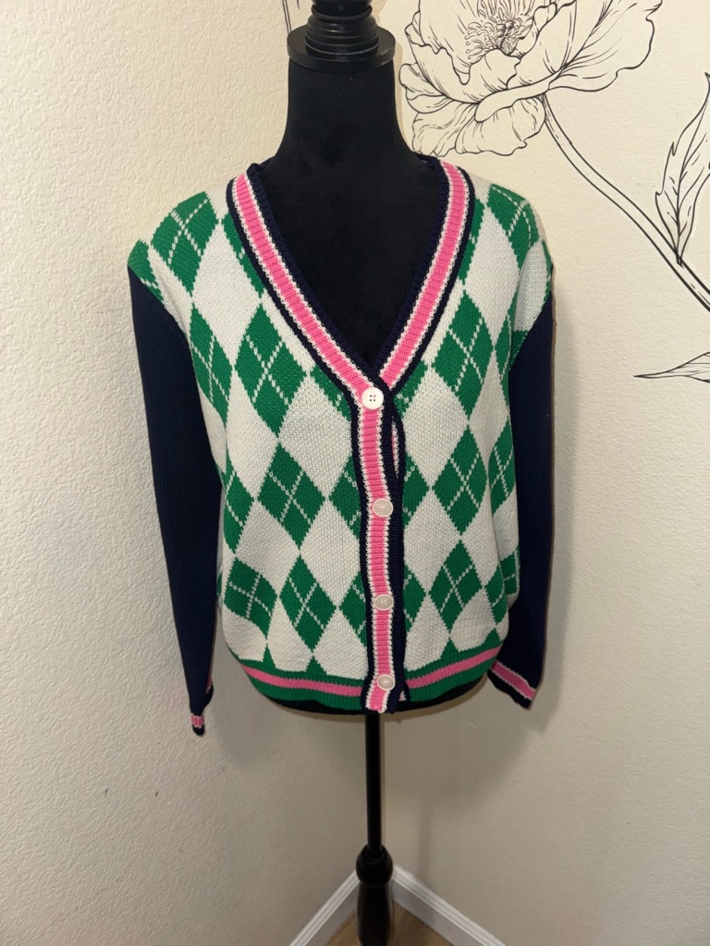 Green & White Argyle V-Neck Cardigan with Pink Trim